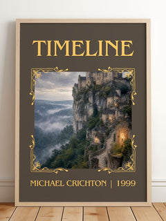 Timeline Classic Book Art Print by Michael Crichton – framed print leaning on a wooden floor