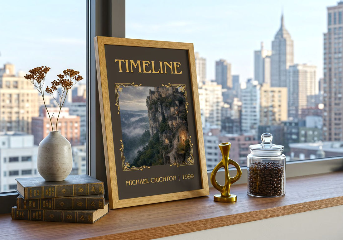 Timeline Classic Book Art Print by Michael Crichton – framed print on a city-view windowsill