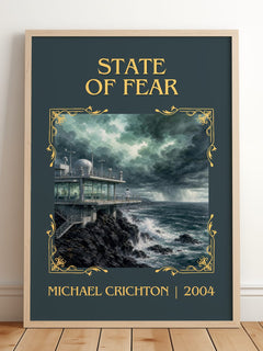 State Of Fear Classic Book Art Print by Michael Crichton – framed print leaning on a wooden floor