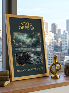 State Of Fear Classic Book Art Print by Michael Crichton – framed print on a city-view windowsill