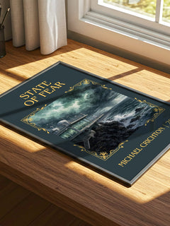 State Of Fear Classic Book Art Print by Michael Crichton – print on a sunlit desk