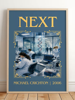 Next Classic Book Art Print by Michael Crichton – framed print leaning on a wooden floor