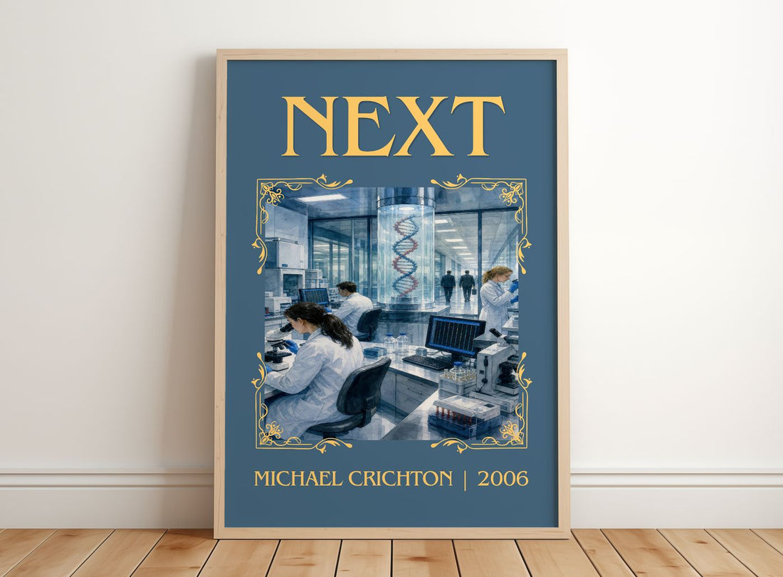 Next Classic Book Art Print by Michael Crichton – framed print leaning on a wooden floor