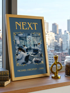 Next Classic Book Art Print by Michael Crichton – framed print on a city-view windowsill