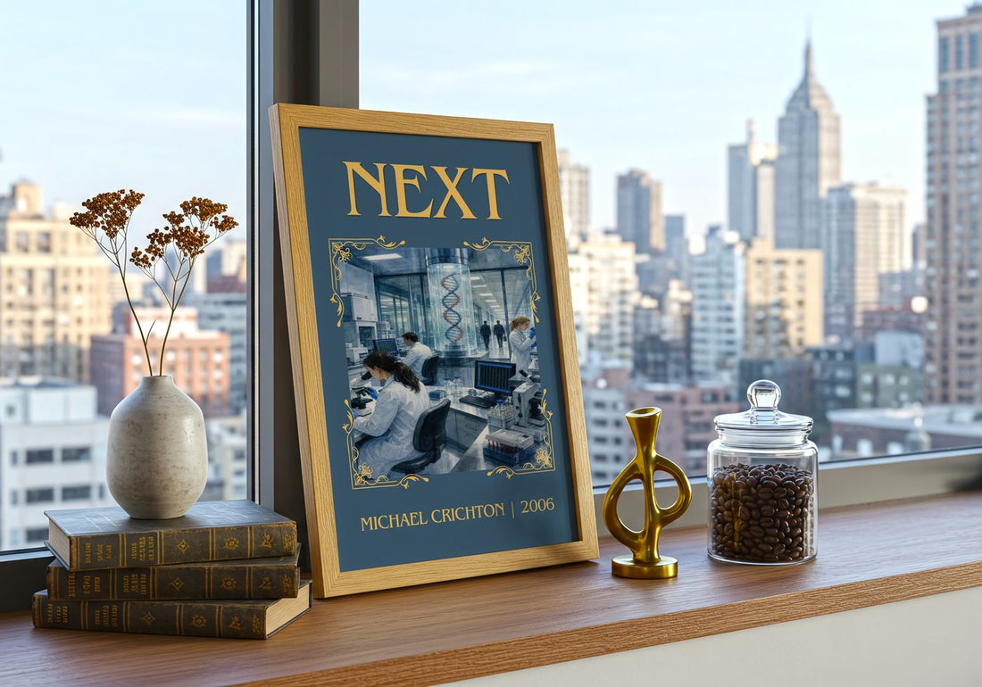 Next Classic Book Art Print by Michael Crichton – framed print on a city-view windowsill