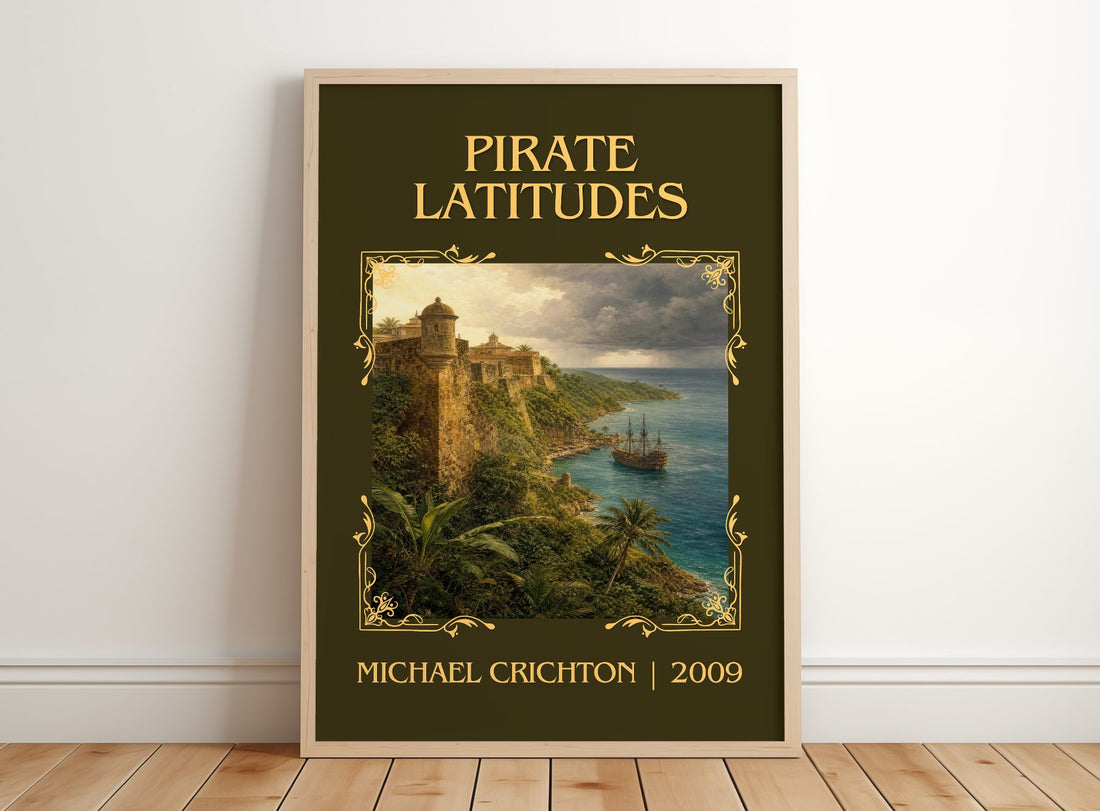 Pirate Latitudes Classic Book Art Print by Michael Crichton – framed print leaning on a wooden floor