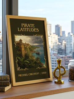 Pirate Latitudes Classic Book Art Print by Michael Crichton – framed print on a city-view windowsill