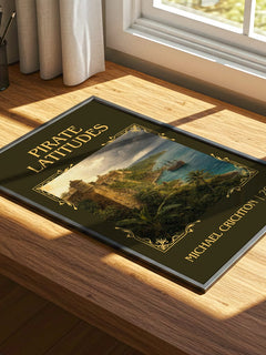 Pirate Latitudes Classic Book Art Print by Michael Crichton – print on a sunlit desk