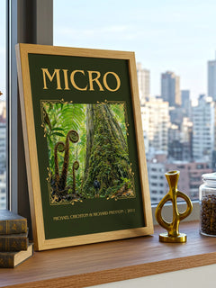 Micro Classic Book Art Print by Michael Crichton & Richard Preston – framed print on a city-view windowsill