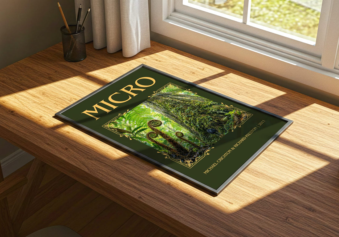 Micro Classic Book Art Print by Michael Crichton & Richard Preston – print on a sunlit desk