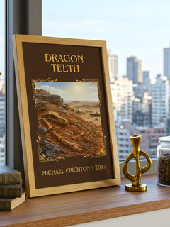 Dragon Teeth Classic Book Art Print by Michael Crichton – framed print on a city-view windowsill