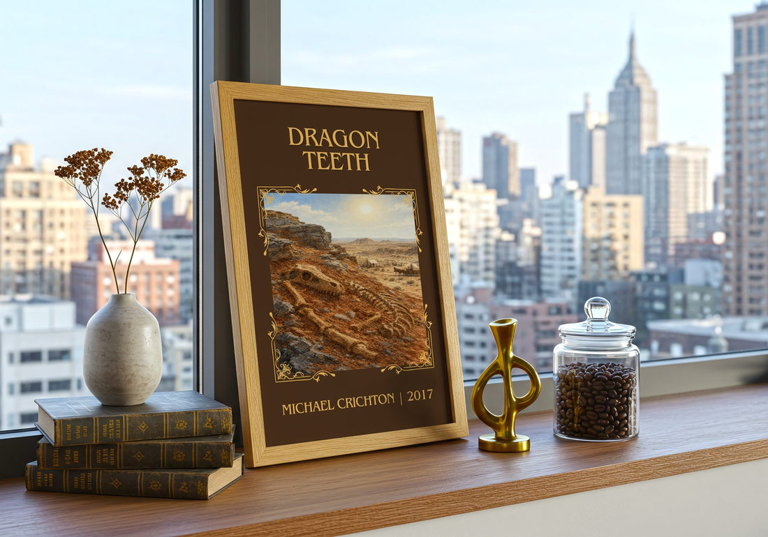 Dragon Teeth Classic Book Art Print by Michael Crichton – framed print on a city-view windowsill