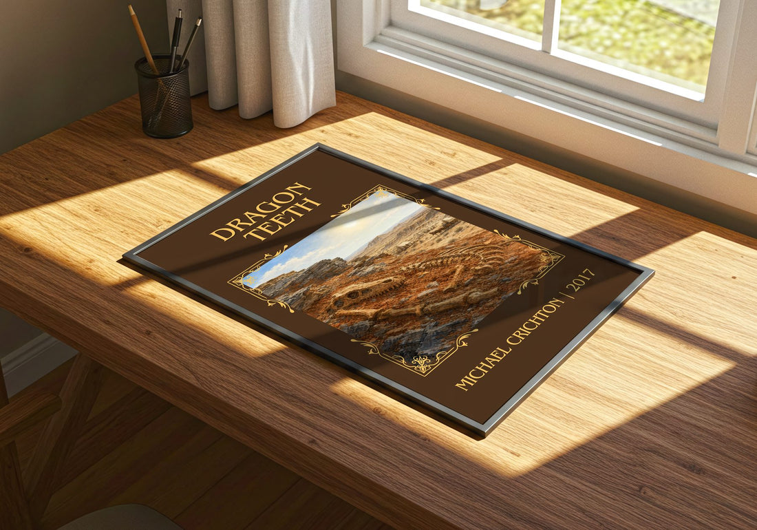 Dragon Teeth Classic Book Art Print by Michael Crichton – print on a sunlit desk