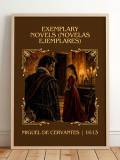 Exemplary Novels (Novelas Ejemplares) Classic Book Art Print by Miguel De Cervantes – framed print leaning on a wooden floor