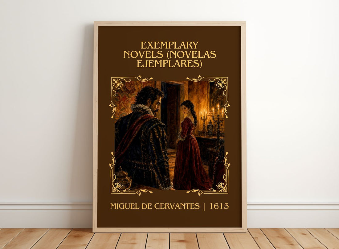 Exemplary Novels (Novelas Ejemplares) Classic Book Art Print by Miguel De Cervantes – framed print leaning on a wooden floor