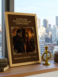 Exemplary Novels (Novelas Ejemplares) Classic Book Art Print by Miguel De Cervantes – framed print on a city-view windowsill