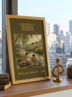 Galatea: A Pastoral Romance Classic Book Art Print by M. Cervantes – framed print on a city-view windowsill