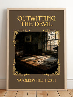Outwitting The Devil Classic Book Art Print by Napoleon Hill – framed print leaning on a wooden floor