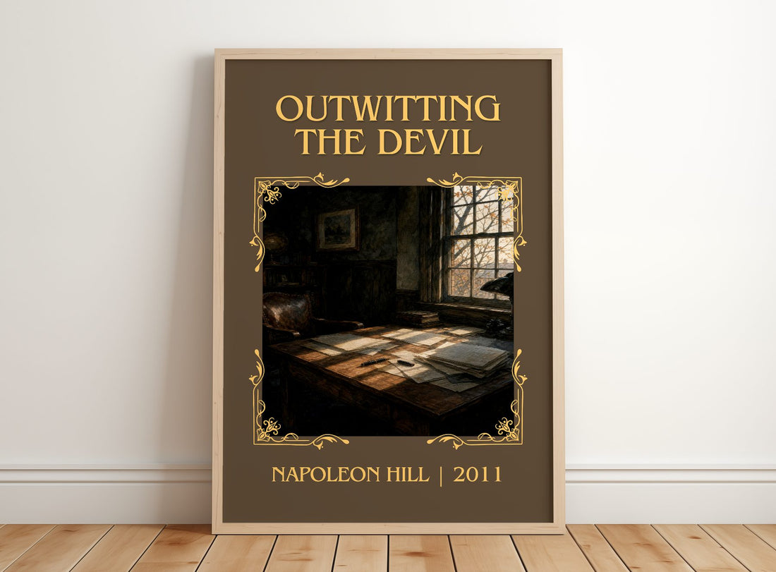 Outwitting The Devil Classic Book Art Print by Napoleon Hill – framed print leaning on a wooden floor