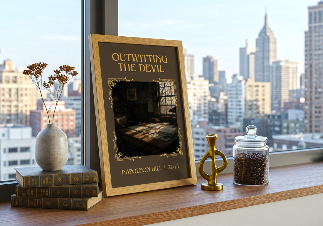 Outwitting The Devil Classic Book Art Print by Napoleon Hill – framed print on a city-view windowsill