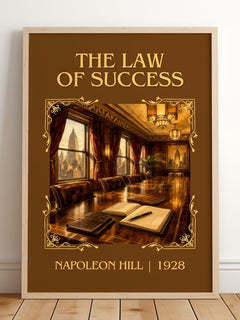 The Law Of Success Classic Book Art Print by Napoleon Hill – framed print leaning on a wooden floor