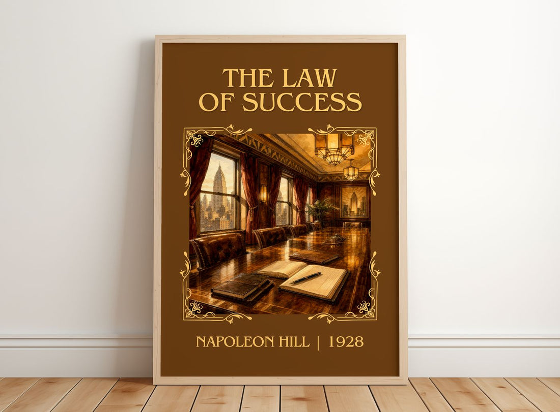 The Law Of Success Classic Book Art Print by Napoleon Hill – framed print leaning on a wooden floor