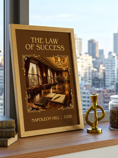 The Law Of Success Classic Book Art Print by Napoleon Hill – framed print on a city-view windowsill