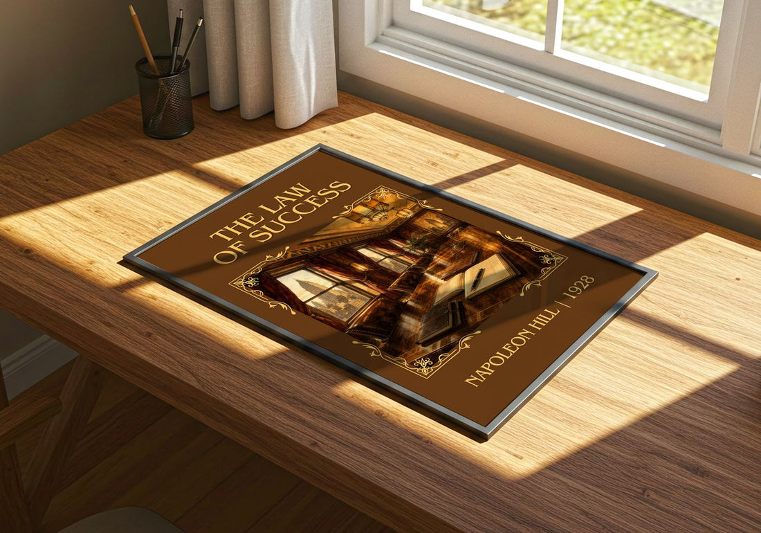 The Law Of Success Classic Book Art Print by Napoleon Hill – print on a sunlit desk
