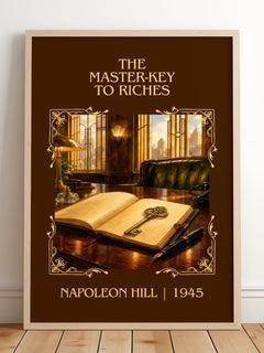 The Master-Key To Riches Classic Book Art Print by Napoleon Hill – framed print leaning on a wooden floor