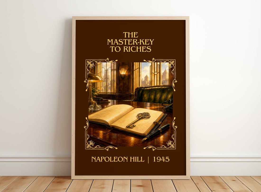 The Master-Key To Riches Classic Book Art Print by Napoleon Hill – framed print leaning on a wooden floor