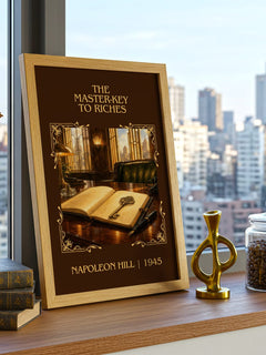 The Master-Key To Riches Classic Book Art Print by Napoleon Hill – framed print on a city-view windowsill