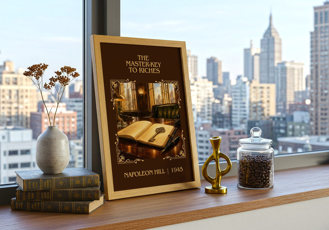The Master-Key To Riches Classic Book Art Print by Napoleon Hill – framed print on a city-view windowsill