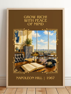Grow Rich! With Peace Of Mind Classic Book Art Print by Napoleon Hill – framed print leaning on a wooden floor