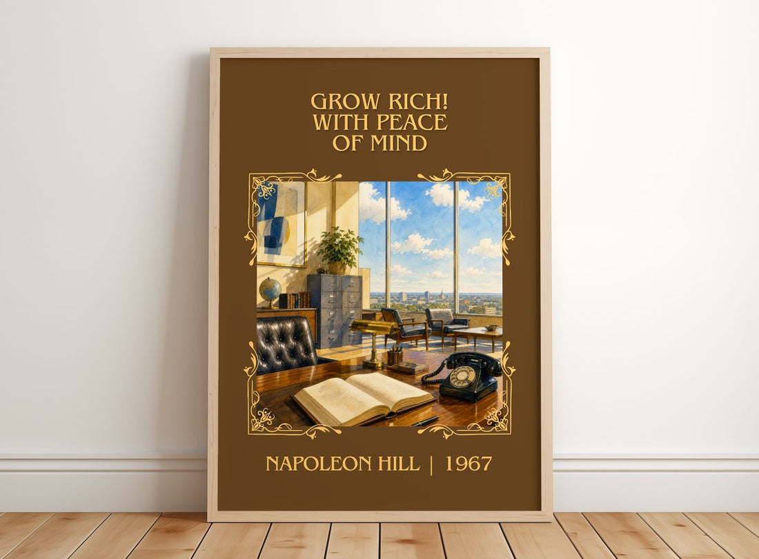 Grow Rich! With Peace Of Mind Classic Book Art Print by Napoleon Hill – framed print leaning on a wooden floor