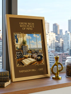 Grow Rich! With Peace Of Mind Classic Book Art Print by Napoleon Hill – framed print on a city-view windowsill