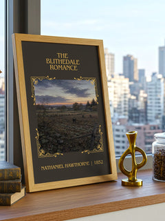 The Blithedale Romance Classic Book Art Print by Nathaniel Hawthorne – framed print on a city-view windowsill