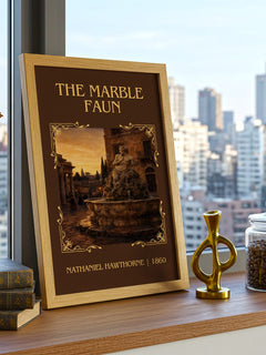 The Marble Faun Classic Book Art Print by Nathaniel Hawthorne – framed print on a city-view windowsill