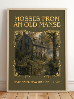 Mosses From An Old Manse Classic Book Art Print by Nathaniel Hawthorne – framed print leaning on a wooden floor
