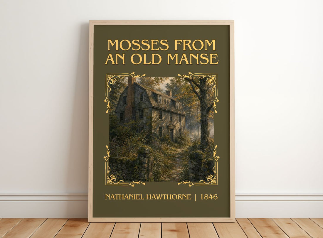 Mosses From An Old Manse Classic Book Art Print by Nathaniel Hawthorne – framed print leaning on a wooden floor