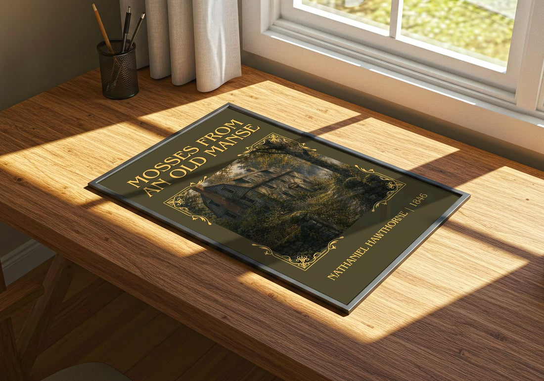 Mosses From An Old Manse Classic Book Art Print by Nathaniel Hawthorne – print on a sunlit desk