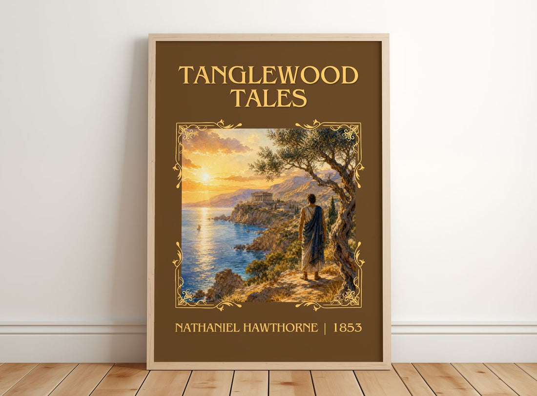 Tanglewood Tales Classic Book Art Print by Nathaniel Hawthorne – framed print leaning on a wooden floor