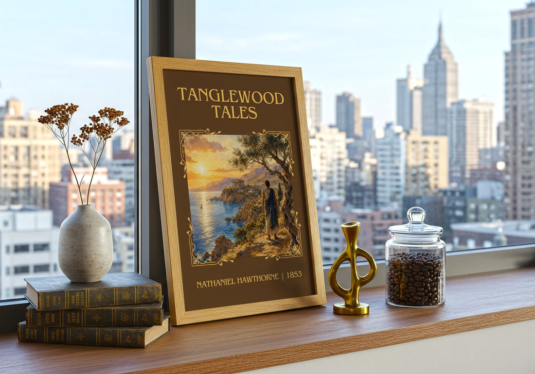 Tanglewood Tales Classic Book Art Print by Nathaniel Hawthorne – framed print on a city-view windowsill