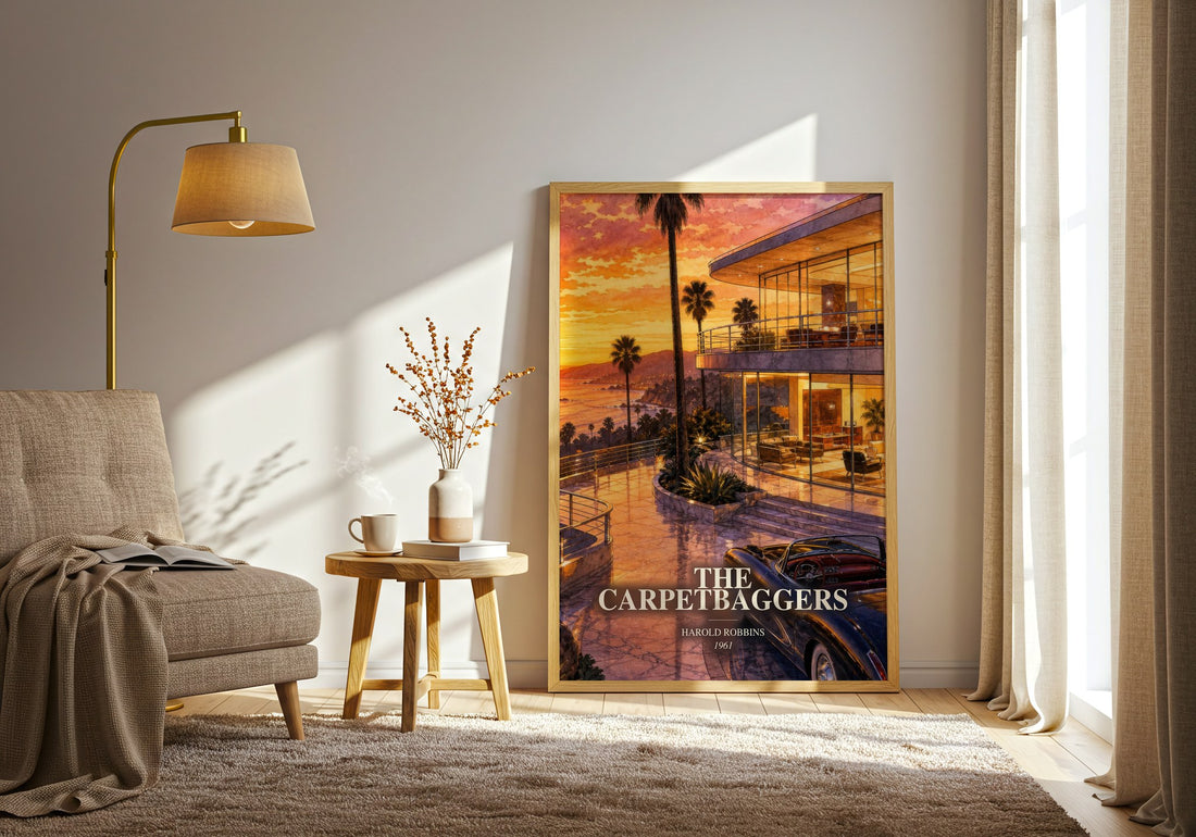The Carpetbaggers watercolour print in frame leaning in hallway – literary fiction wall art (mockup)