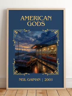 American Gods Classic Book Art Print by Neil Gaiman – framed print leaning on a wooden floor