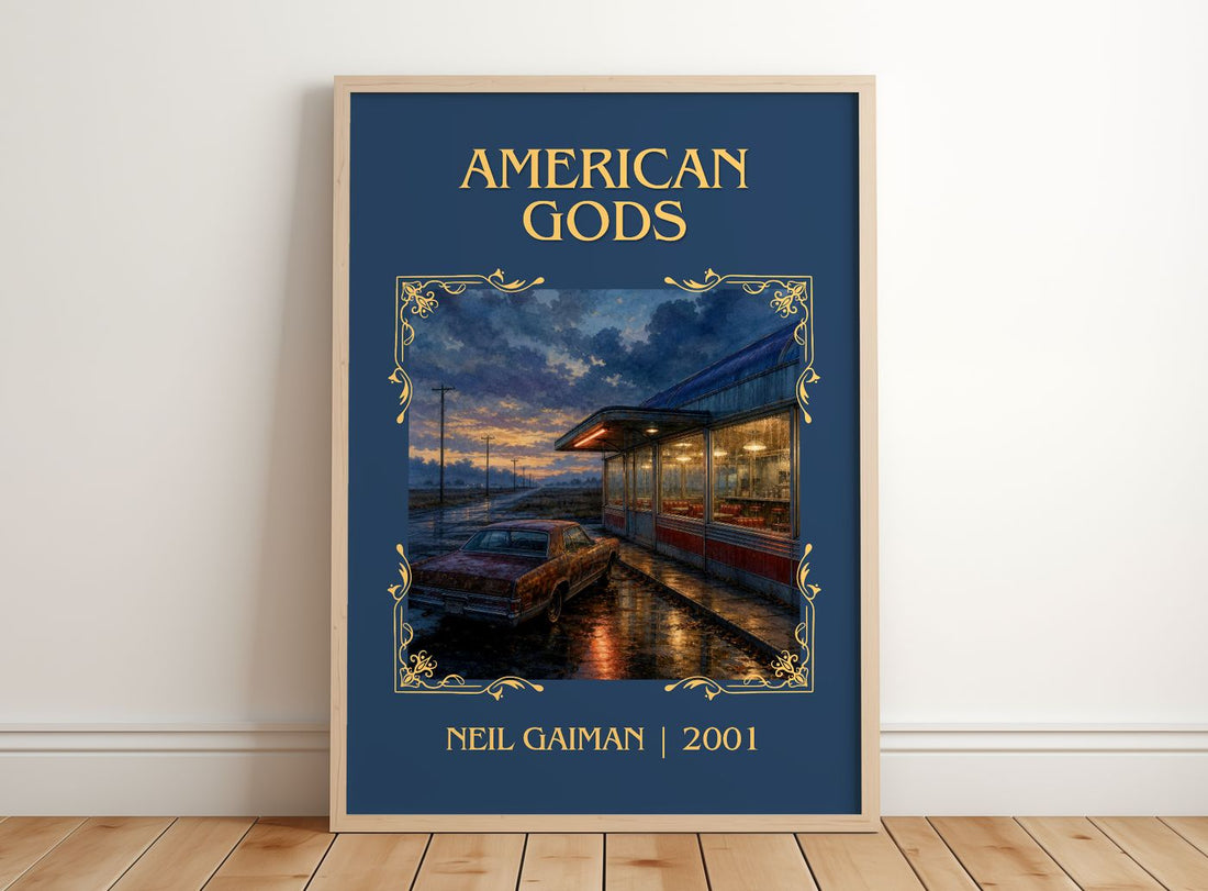 American Gods Classic Book Art Print by Neil Gaiman – framed print leaning on a wooden floor