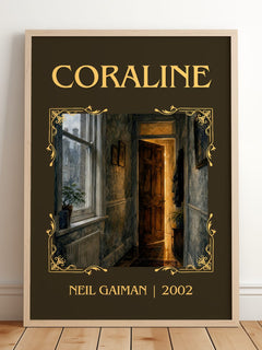 Coraline Classic Book Art Print by Neil Gaiman – framed print leaning on a wooden floor