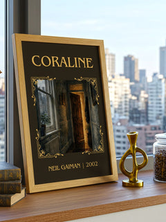 Coraline Classic Book Art Print by Neil Gaiman – framed print on a city-view windowsill