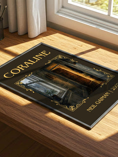 Coraline Classic Book Art Print by Neil Gaiman – print on a sunlit desk