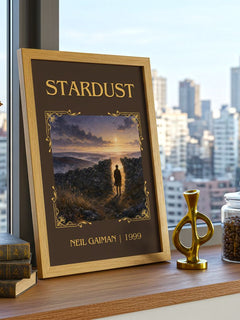 Stardust Classic Book Art Print by Neil Gaiman – framed print on a city-view windowsill