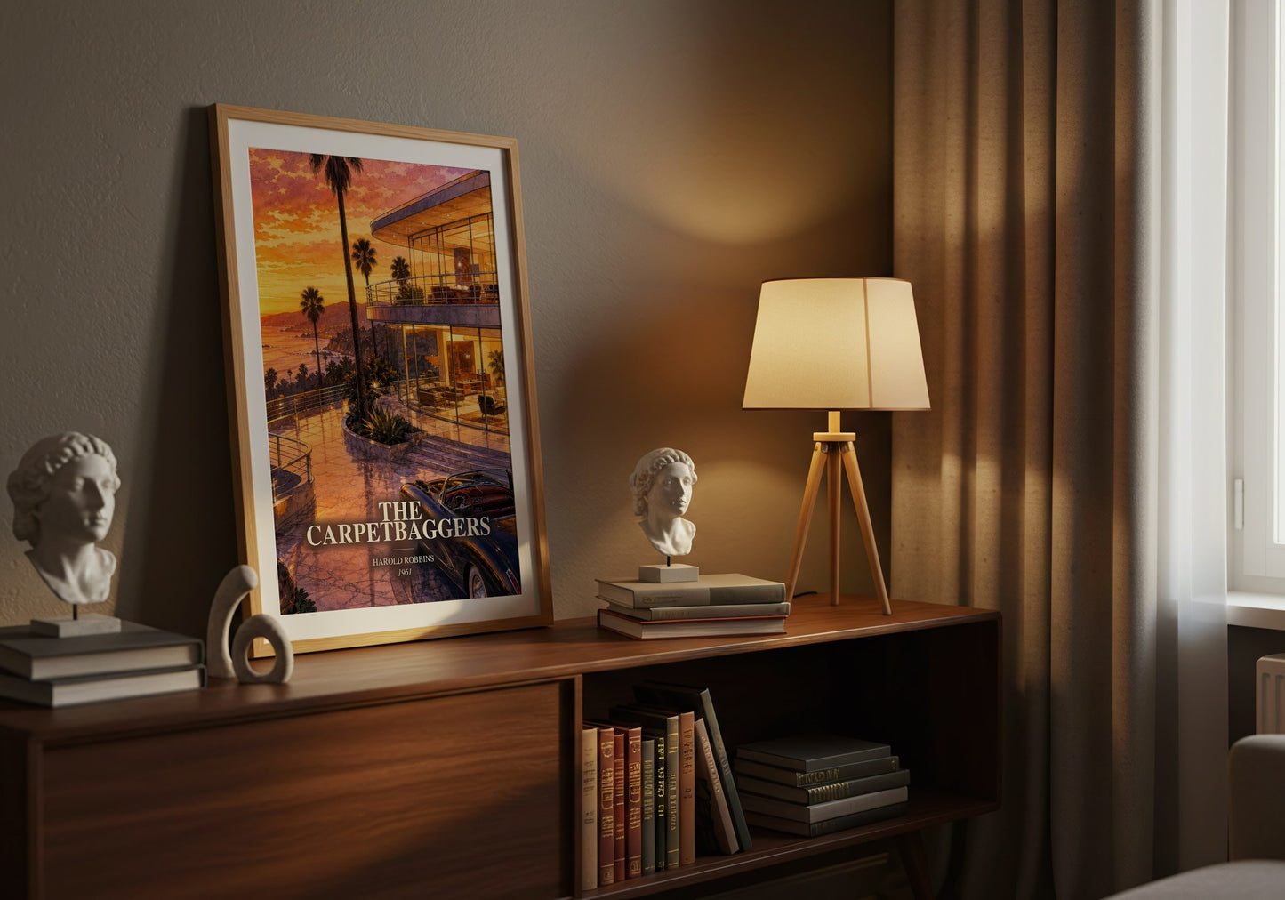 The Carpetbaggers watercolour print on bookshelf – Harold Robbins fan gift